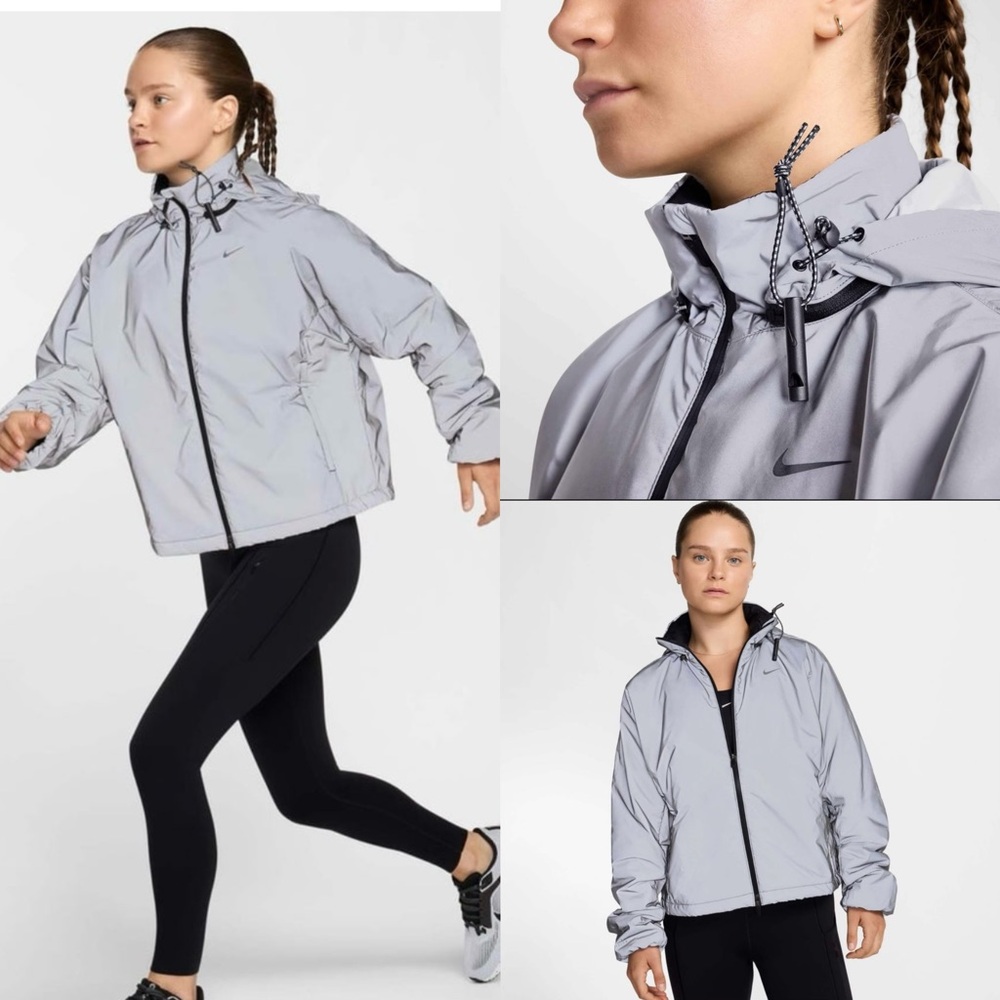 Nike Light Gray Reflective Hooded Windbreaker Jacket